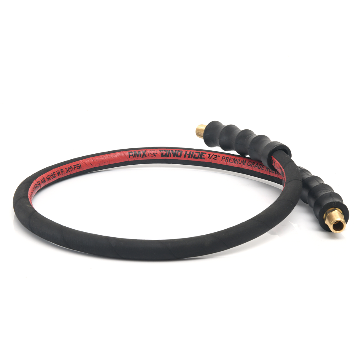 Dino-Hide 1/2" x 3' Rubber Lead-in Air Hose with 1/2" Brass MNPT Fittings, 3/8" Reducer